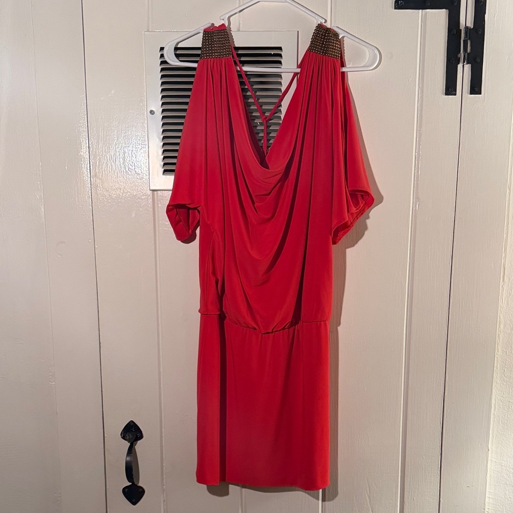 Cache Open Shoulder Draped Mini Dress